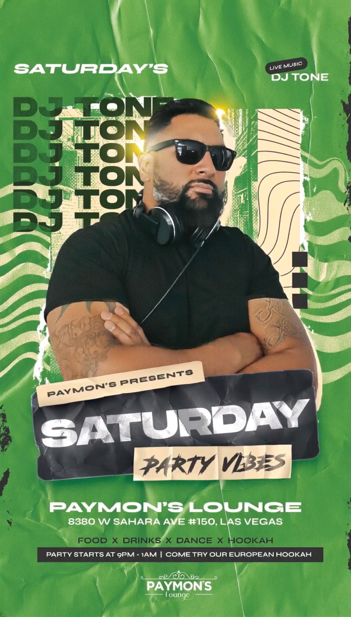 DJ Tone performing live at Paymon’s Lounge in Las Vegas every Saturday night from 9 PM to 1 AM with high-energy party vibes and dance music.