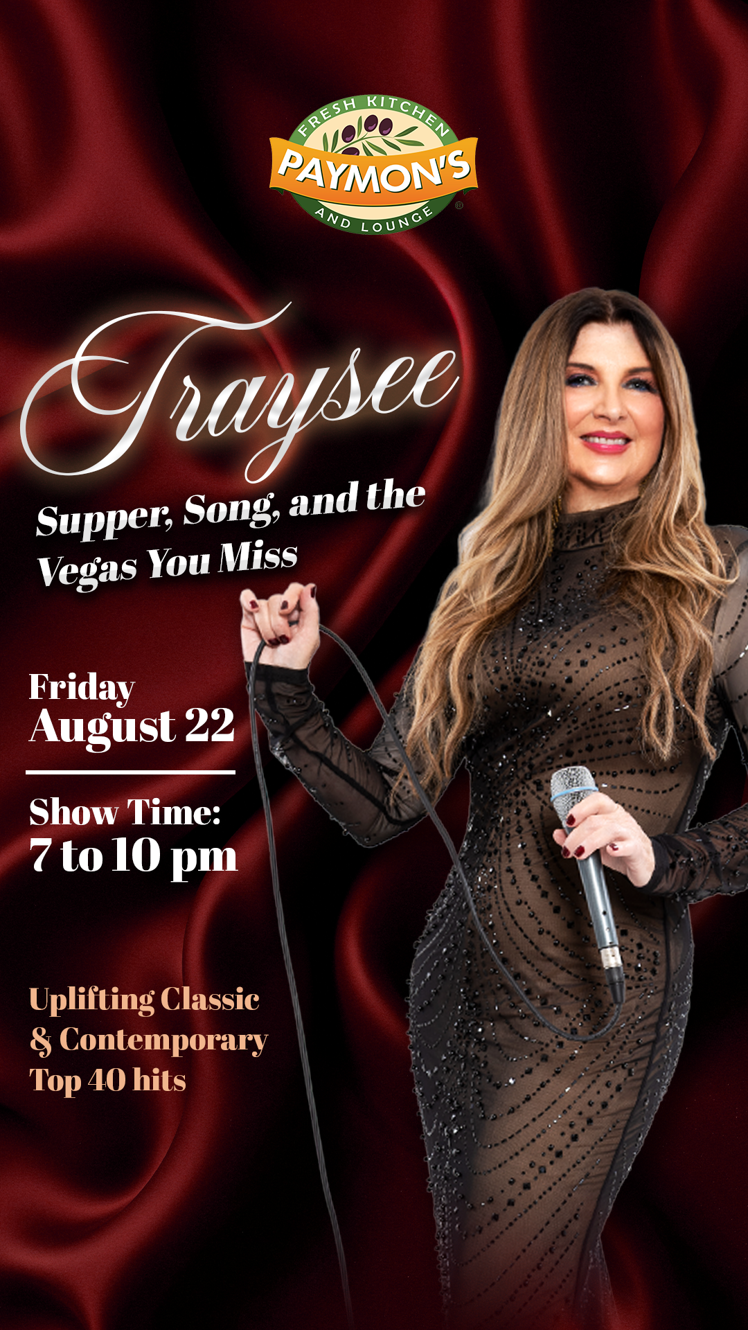 Traysee live performance at Paymon’s Fresh Kitchen & Lounge in Las Vegas – supper, song, and classic Vegas vibes on Friday, August 22 from 7–10 PM.