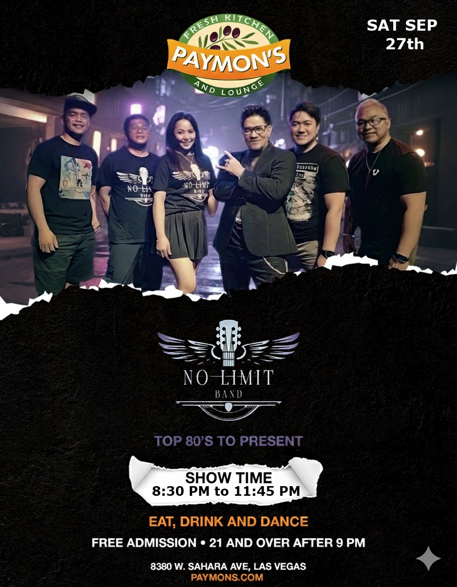 Flyer for No Limit Band performing live at Paymon's Fresh Kitchen and Lounge in Las Vegas on Saturday, September 27th. The band is shown with event details including free admission, a show time from 8:30 PM to 11:45 PM, and a 21+ age restriction after 9 PM. The band plays music from the top 80's to the present.