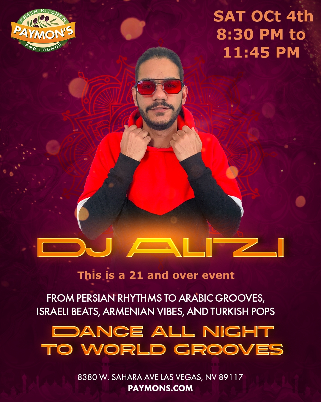 A flyer promoting DJ ALIZI's performance at Paymon's Fresh Kitchen and Lounge in Las Vegas. The event is on Saturday, October 4th, from 8:30 PM to 11:45 PM, and is for ages 21 and over. The music genre includes Persian, Arabic, Israeli, Armenian, and Turkish grooves.
