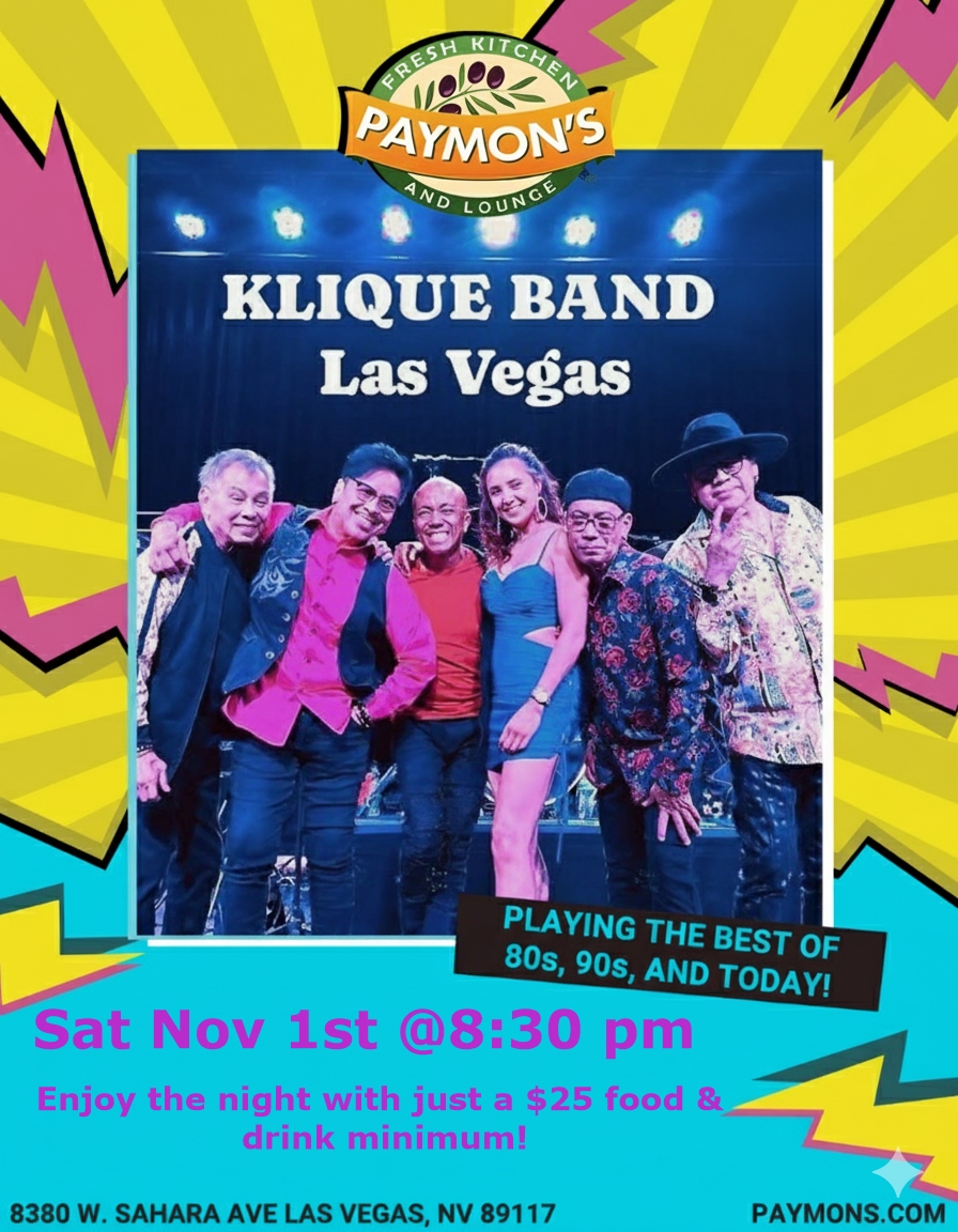 Klique Band Live at Paymon’s Fresh Kitchen & Lounge – Saturday, November 1st at 8:30 PM Klique Band performing live at Paymon’s Fresh Kitchen and Lounge in Las Vegas, playing hits from the 80s, 90s, and today