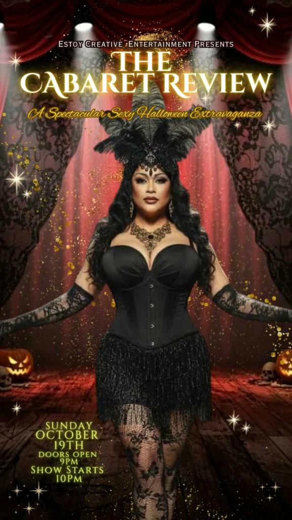 “The Cabaret Review Halloween cabaret show poster with performers in dazzling costumes promoting Paymon’s Lounge event on October 19th from 9 to 10 PM.”