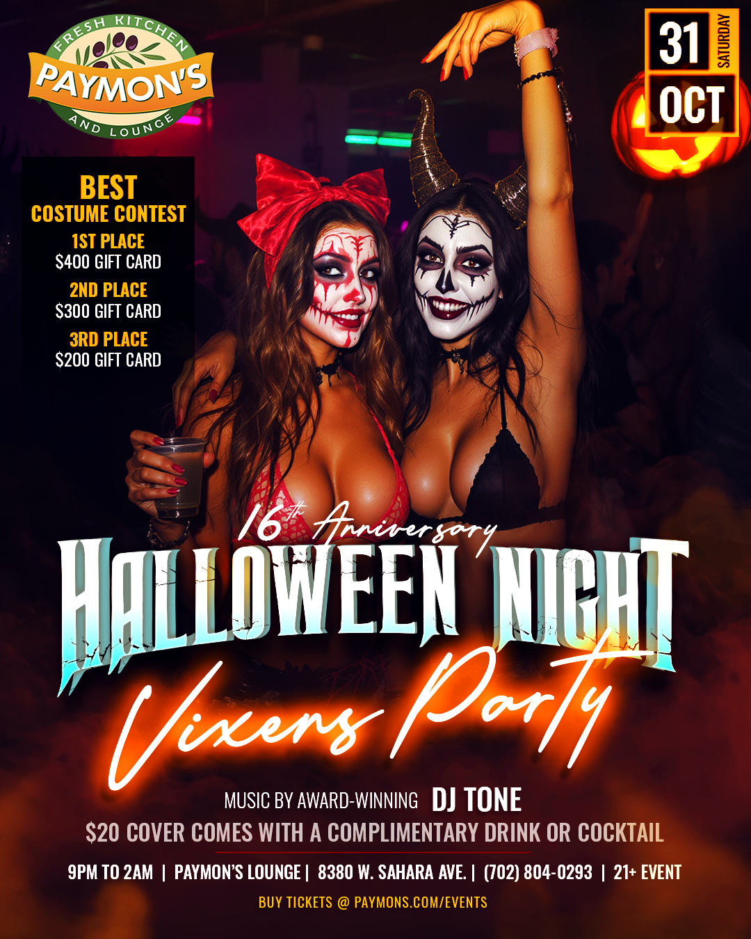 Paymon’s Halloween Party Las Vegas 2026 Vixens Party at Paymon’s Lounge with DJ Tone, costume contest and $900 in prizes.